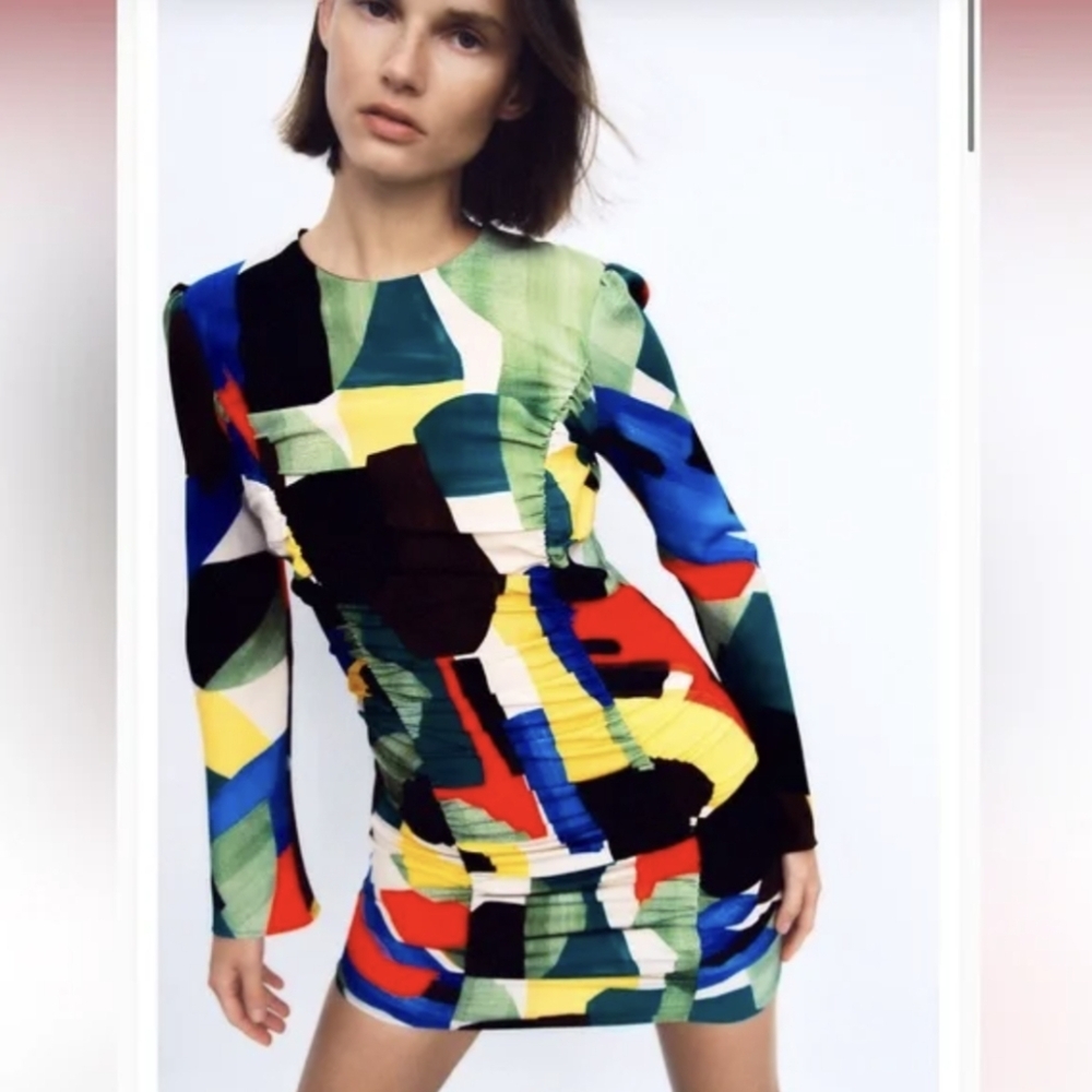 Zara Printed 80s Abstract Mini Party Dress with Ruching Small - Picture 6 of 10